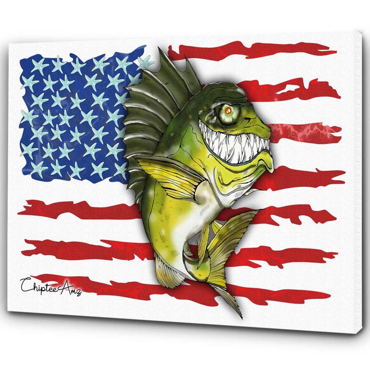 Largemouth Bass fishing with American flag ChipteeAmz's art Matte Canvas AT004