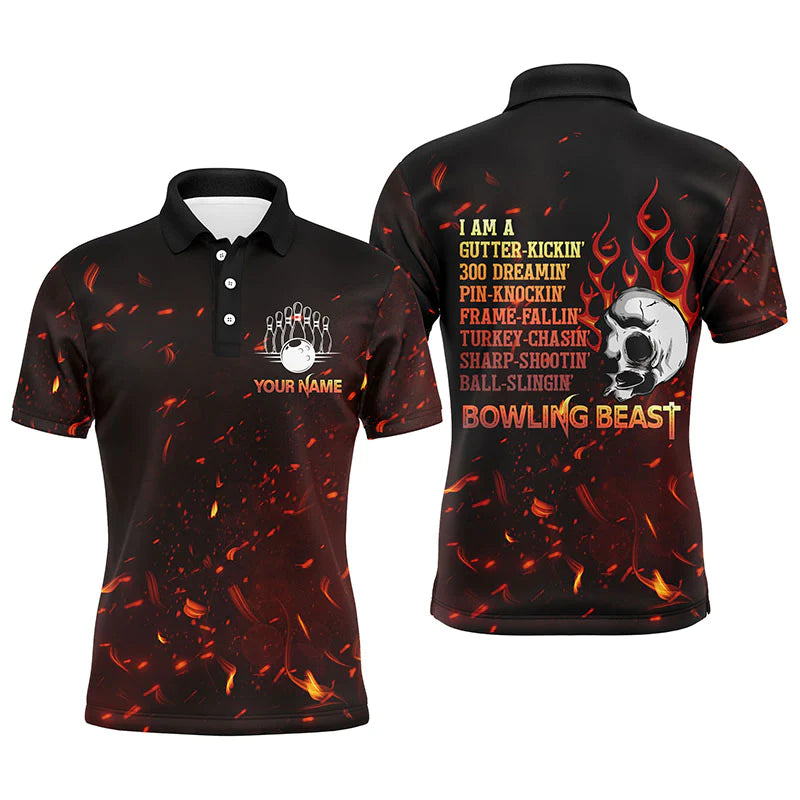 Bowling Beast Personalized Men Polo Shirt, Flame Skull Cool Men Bowlers Jersey Short Sleeves NBP54