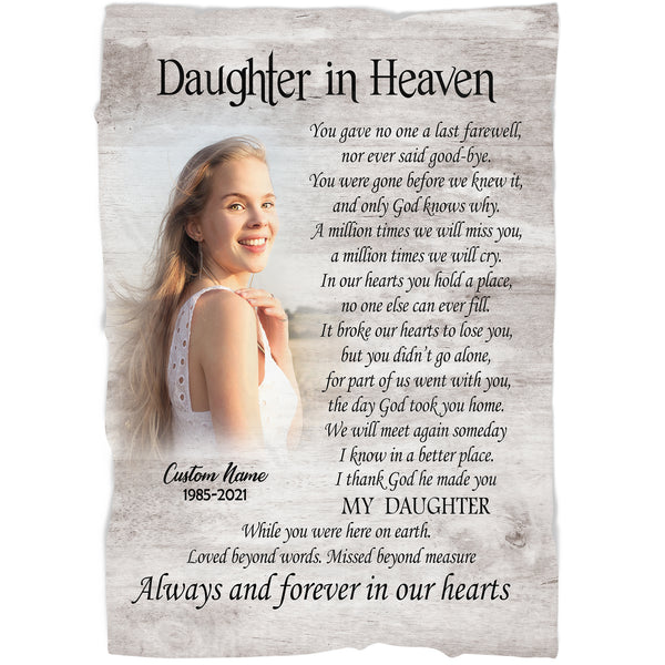 Daughter Memorial Blanket - Daughter In Heaven Personalized Daughter Remembrance Blanket Fleece Sympathy Blanket Memorial Gift for Loss of Daughter In Loving Memory of Daughter - JB272