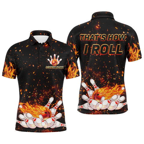 Men's Flame Bowling  Polo Shirt, That's How I Roll, Custom Name Men Bowlers Jersey NBP92