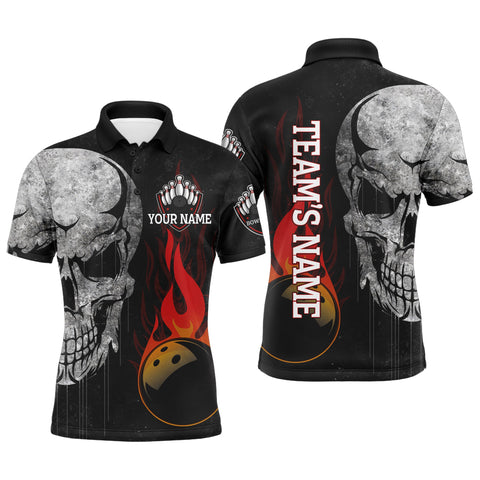 Men's Skull Flame Bowling Polo Shirt, Custom Name Team Bowlers Jersey NBP98