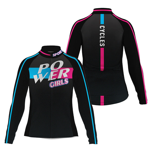 Black womens cycling jersey Power girl bike shirts with 3 pockets UPF50+ full-zip cycle gear| SLC192