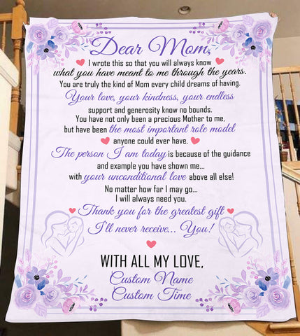 Dear Mom Personalized Blanket| Purple Fleece Blanket Sentimental Gift for Mother, Mom Gift on Christmas, Birthday, Mother's Day, Wedding Day, Thank You Gift for Mother| JB193
