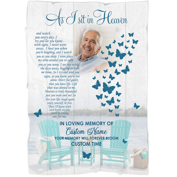 Memorial Fleece Blanket - As I Sit in Heaven Butterfly Memorial Blanket Personalize Sympathy Blanket for Loss of Loved One Father Mother Husband Remembrance Fleece Grief Blanket - JB295