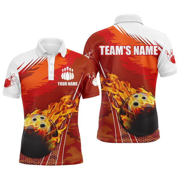 Flame Bowling Men's Polo Shirt, Custom Name Team Bowlers Jersey Short Sleeve NBP96