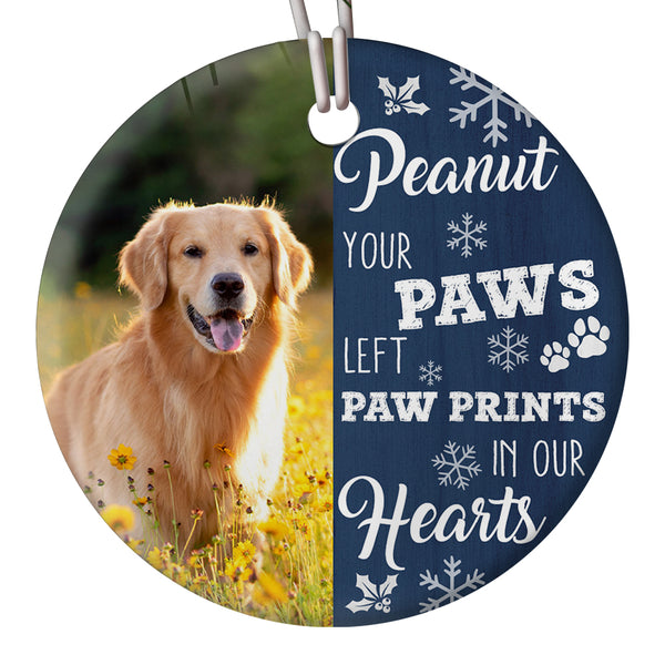 Pet Memorial Ornament Custom Photo - Paw Prints in Our Hearts| Pet Loss Christmas Ornament, Remembrance for Loss of Dog, Loss of Cat, Sympathy Gift for Dog Owners| NOM14