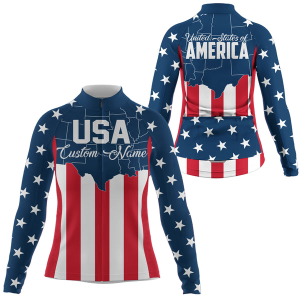 USA womens cycling jersey UPF50+ American flag cycle gear with 3 pockets full zip MTB BMX racewear| SLC146