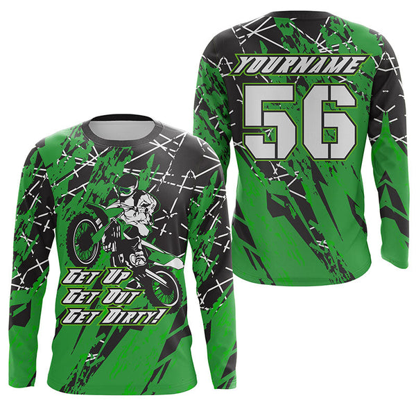 Get Dirty Personalized Motocross Jersey UPF30+ Green Dirt Bike Racing Motorcycle Long Sleeves NMS1253