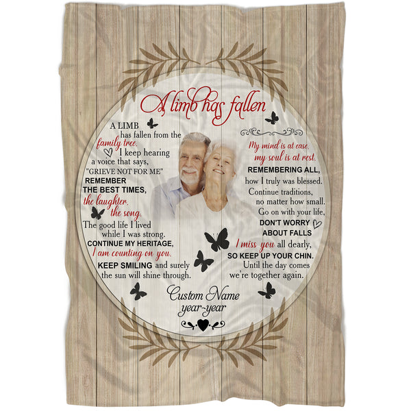Memorial Blanket | A Limb Has Fallen - Custom Image Blanket | Meaningful Remembrance Fleece Throw, Deepest Grief Sympathy Gift for Loss of Mother, Father, Grandmother, Grandfather | T214
