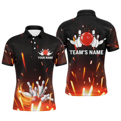 Personalized Men Bowling Polo Shirt Flame Bowling Ball and Pins Short Sleeve Polo for Men Bowlers NBP06