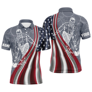 Patriotic Men's Bowling Polo Shirt, American Flag Custom Name Bowlers Jersey Short Sleeve NBP97