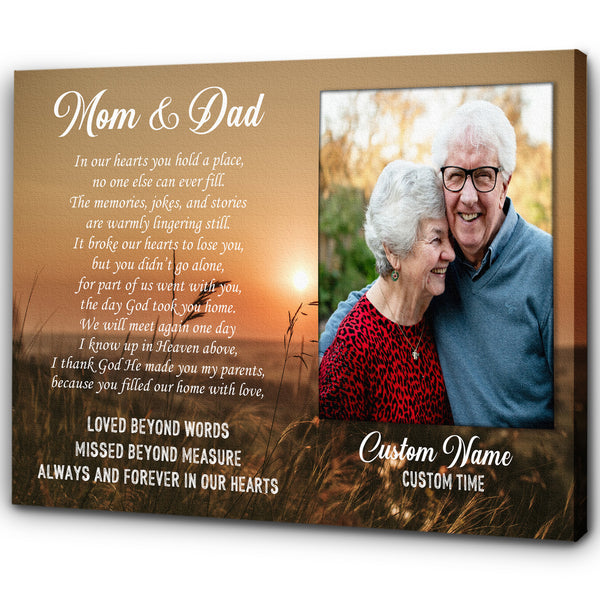 Parents Remembrance Canvas| Mom & Dad Always In My Heart Canvas with Picture Sunset Canvas| Personalized Memorial Gift for Loss of Parents, Mom & Dad in Heaven| Sympathy Gift JC681