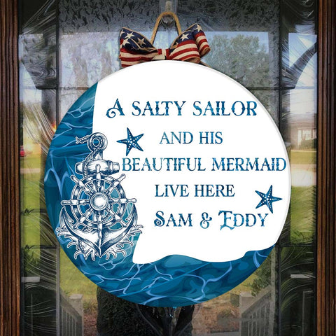 Personalized Sailor Couple Door Hanger| A Salty Sailor and His Beautiful Mermaid Live Here Door Hanger| Welcome Wooden Front Door Hanger| Couple Sign Gift for Sailor| JDH22
