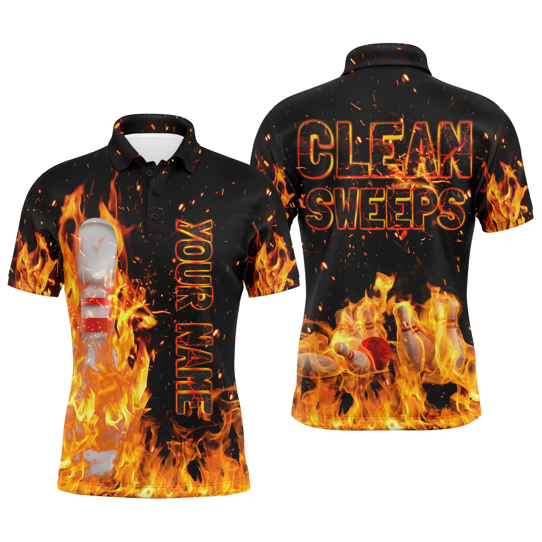 Flame Bowling Men Polo Shirt, Clean Sweeps Personalized Team Bowlers Jersey NBP80