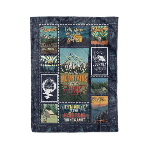 Camping theme blanket with camping design happy camper fleece blanket