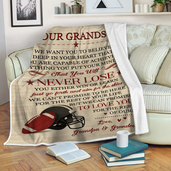 Grandson Football Blanket - To My Grandson You Will Never Lose Courage Fleece Throw from Grandma, Gift for American Football Boy| T912