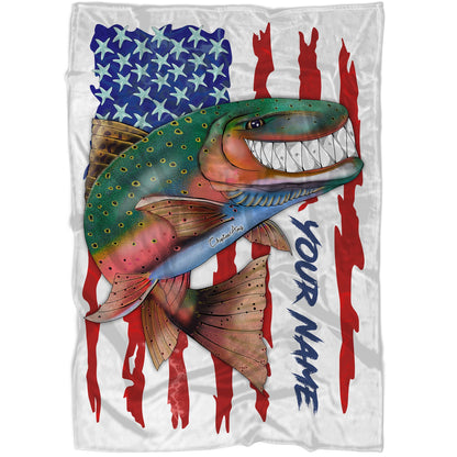 Trout fly fishing American flag funny rainbow trout ChipteeAmz's art custom name throw fleece blanket AT051