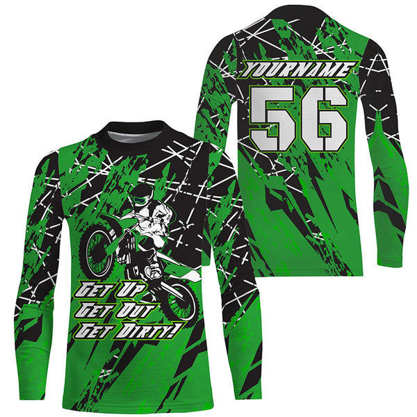 Get Dirty Personalized Motocross Jersey UPF30+ Green Dirt Bike Racing Motorcycle Long Sleeves NMS1253