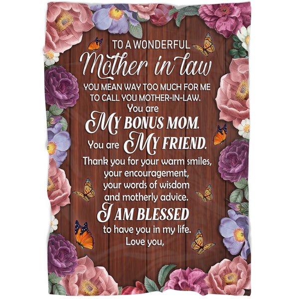 To A Wonderful Mother In Law Blanket - Custom Blanket| Floral Blank Gift for Mother In Law from Bride Groom| Mother In Law Gift on Christmas Mother's Day Wedding Shower Day| JB62