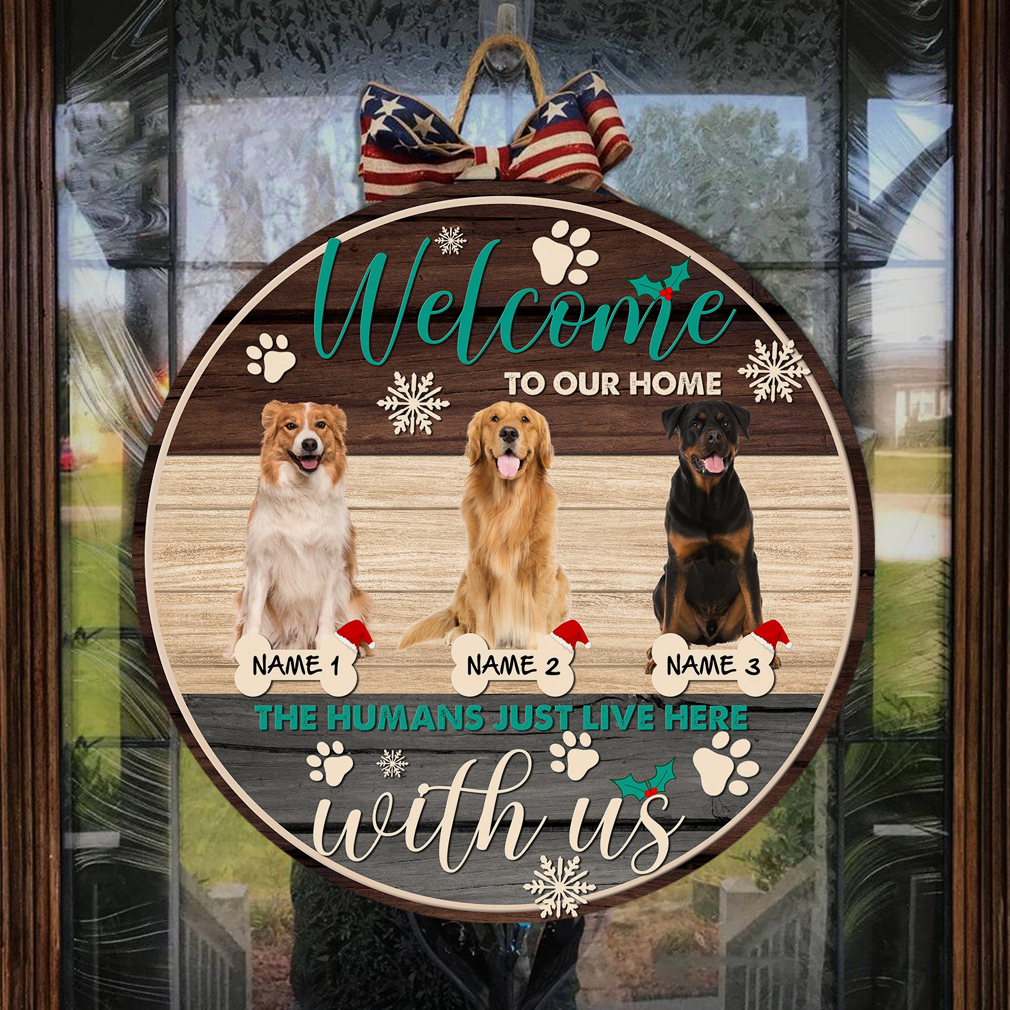 Humans Live Here with Us - Personalized Christmas Wooden Door Hanger for Dog Owners, Custom Dog Welcome Sign, X-mas Dog Sign Decor| NDH06