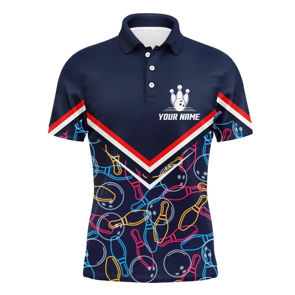 Custom Men Bowling Polo Shirt Navy Blue Bowling Pins and Ball Pattern Short Sleeve Men Bowlers NBP05