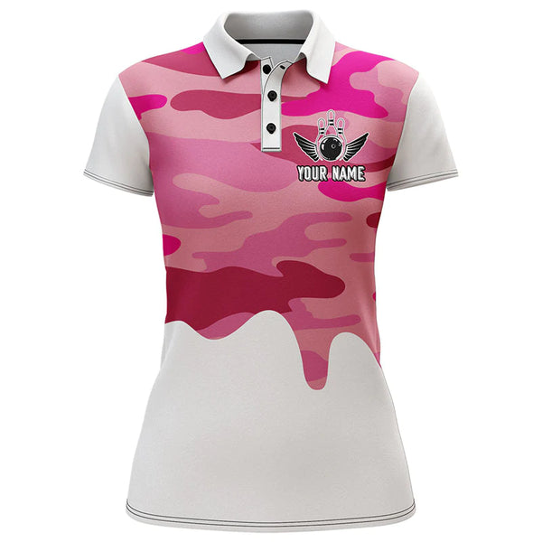 Bowling Girl Personalized Polo Shirt Women Bowling Pink Camo Jersey Short Sleeves Bowlers NBP42