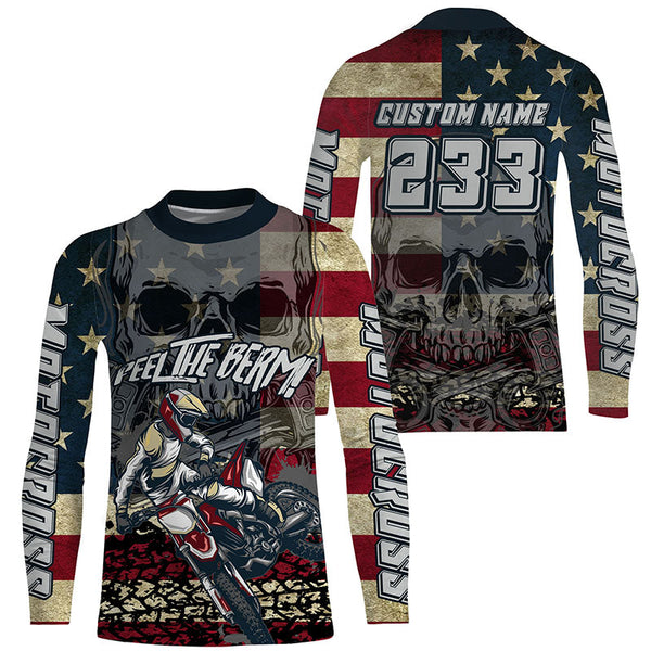 American Flag Custom Skull Motocross Jersey UPF30+ Patriotic Dirt Bike Racing Motorcycle Shirt NMS1237