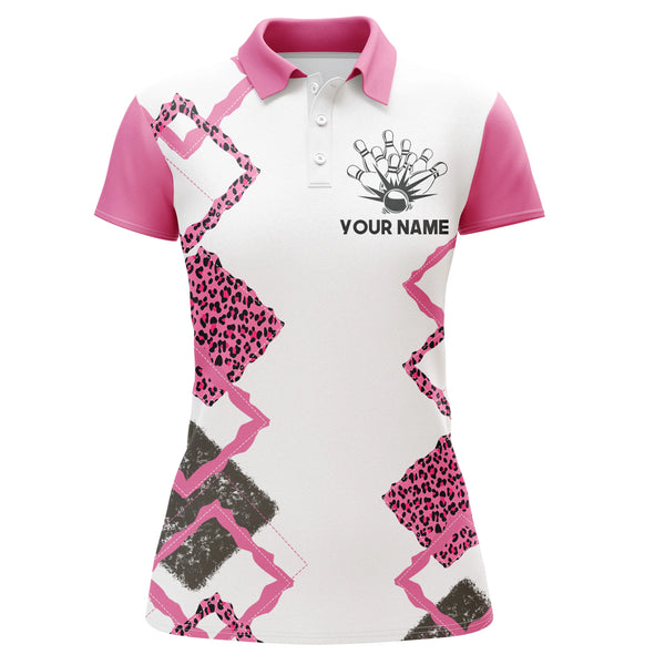 Personalized Women Bowling Polo Shirt Pink Leopard Girl Short Sleeve Team Female Bowlers Jersey NBP07