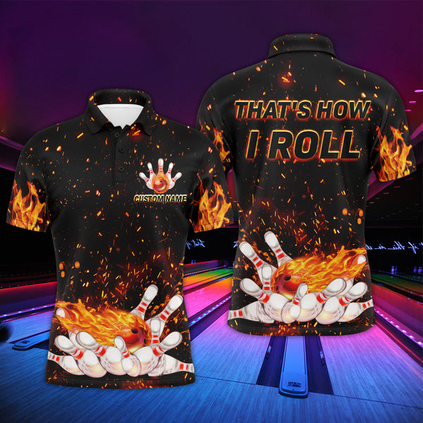 Men's Flame Bowling  Polo Shirt, That's How I Roll, Custom Name Men Bowlers Jersey NBP92