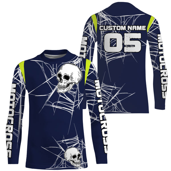 Personalized Motocross racing jersey UPF30+ skull extreme men women kids blue dirt bike outfit PDT196