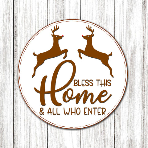 Christmas Wooden Door Hanger| Bless This Home & All Who Enter Door Hanger Door Hanger| Red Nosed Reindeer Door Hanger| Xmas Sign Christmas Decoration for Front Door, Wall, Home| JDH20