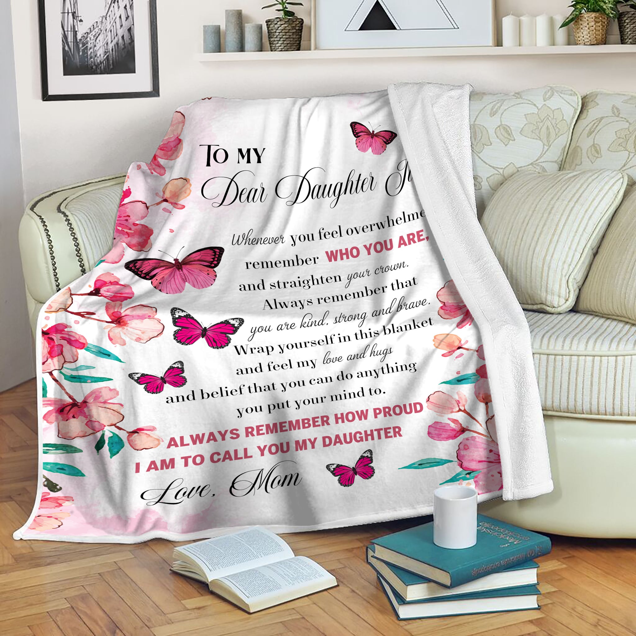 Personalized Blanket To My Daughter Straighten Your Crown Butterfly Fleece Blanket Comfort Gift for Daughter from Mom Daughter Blanket Gift for Christmas Birthday Graduation| JB254
