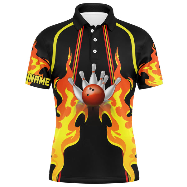 No Pin Left Behind Personalized Men Bowling Polo Shirt, Cool Flame Bowler Jersey NBP26