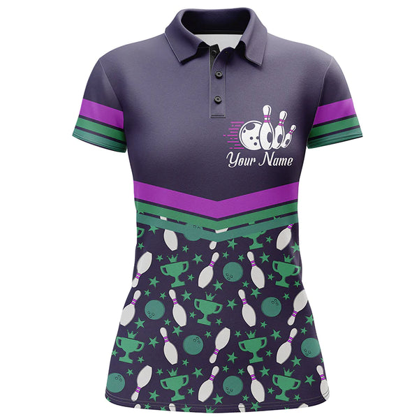 Women Bowling Polo Shirt Personalized, Bowling Girl Purple Bowlers Jersey Short Sleeves NBP34