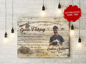 Gone Fishing Memorial Canvas, Personalized Fishing in Heaven Memory Plaque Bereavement Sympathy Gift N2700