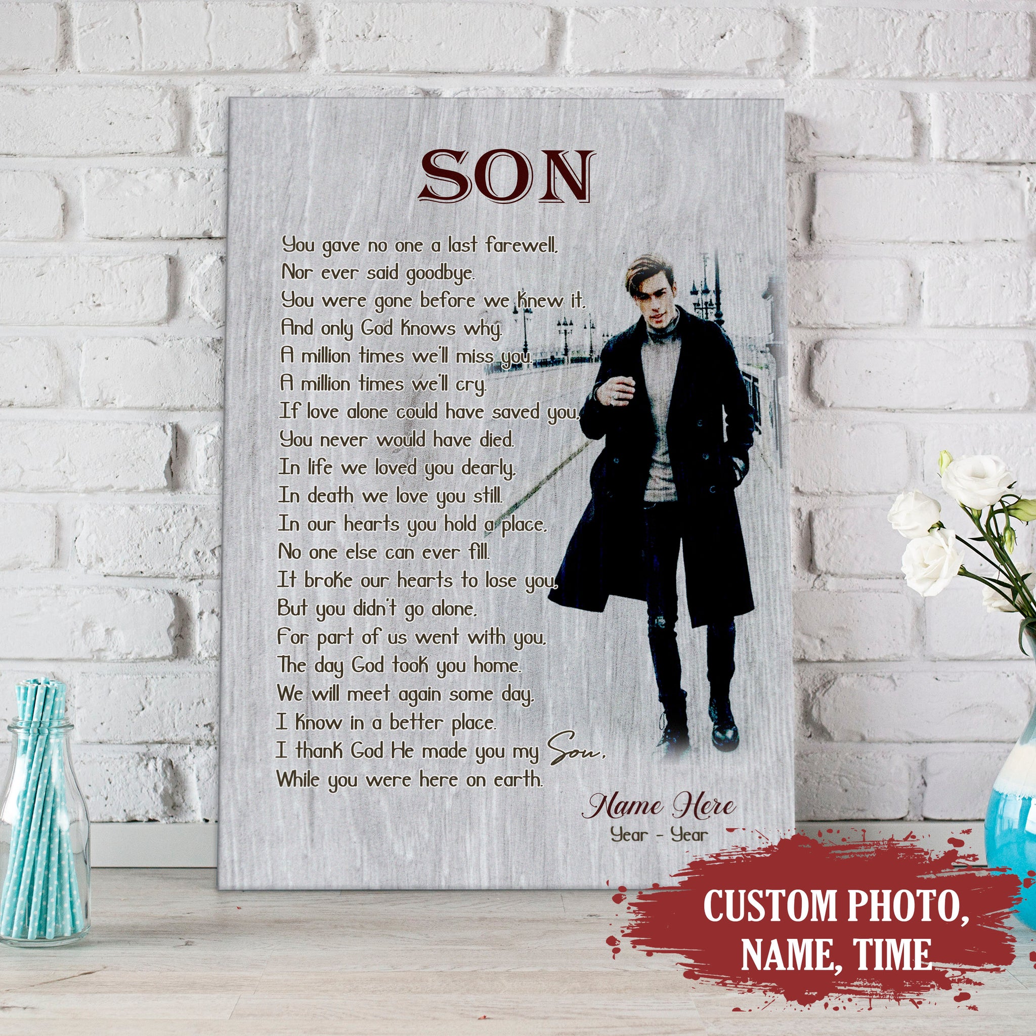 Personalized Son Memorial Canvas, Son Remembrance Custom Photo, Sympathy Gift Loss of Son in Heaven N2715