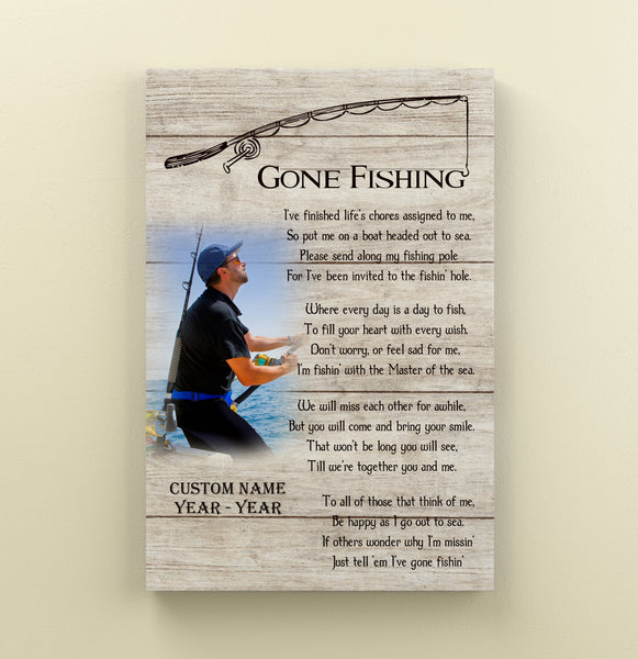 Gone Fishing Memorial Canvas, Personalized Fishing in Heaven Memory Plaque Bereavement Sympathy Gift N2701