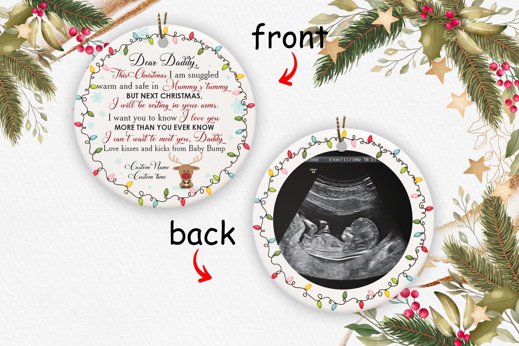 Personalized New Dad Ornament - Custom Sonogram Dear Daddy 2 Sided Circle Ornament Pregnancy Reveal Christmas Present for New Dad Daddy To Be Expecting Father New Baby Ornament - JOR49