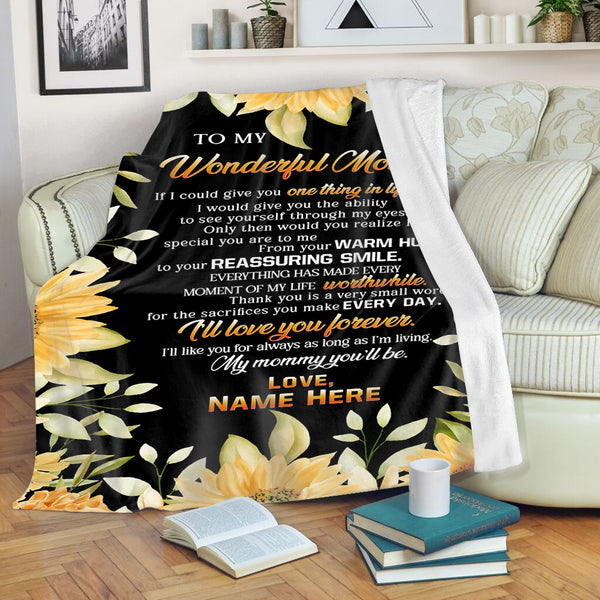 To My Wonderful Mom Blanket - Custom Name| Sunflower Blanket for Mom Mother Gift on Christmas Mother's Day Birthday| Thoughtful Gift for Mom from Daughter Son| JB50