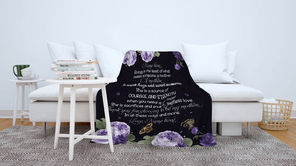 Personalized Blanket for Bonus Mom| Mother Purple Floral Fleece Blanket| Sentimental Gift for Adopted Mom, Bonus Mom, Stepmom, Stepmother on Mom's Birthday Christmas Mother's Day| JB211