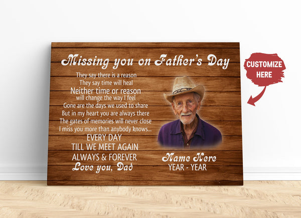 Missing You on Fathers Day Personalized Dad Memorial Canvas Sympathy Gift for Loss of Father in Heaven| N2587