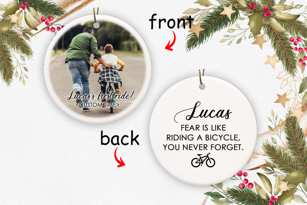 Personalized first ride bicycle ornament for kid, bike ornament, cycling gifts for boys, girls| ONT04