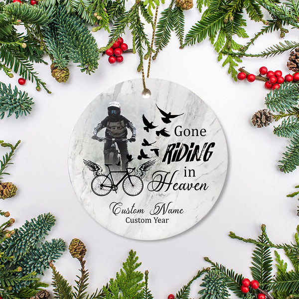 Gone riding in heaven - cycling memorial Christmas ornament, mountain biker BMX bicycle ornament| ONT13