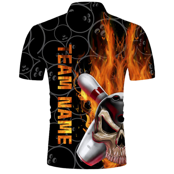 Skull Flame Bowling Men Polo Shirt, Personalized Cool Men Bowlers Jersey Short Sleeves NBP58