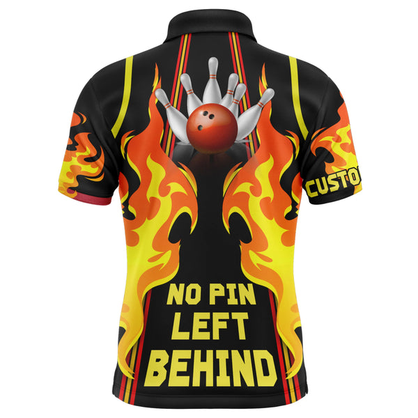 No Pin Left Behind Personalized Men Bowling Polo Shirt, Cool Flame Bowler Jersey NBP26