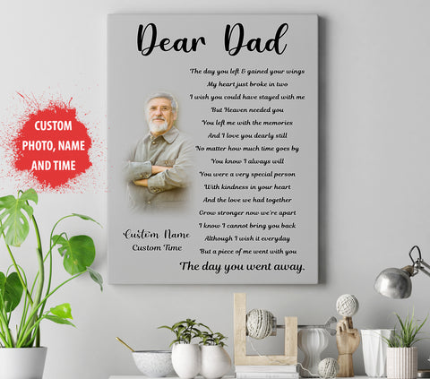 Father Memorial Canvas| Dear Dad in Heaven Personalized Dad Memorial Gift, Sympathy Gift for Loss Father JC887