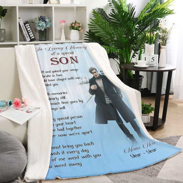 Memorial Blanket - Son in Memory Custom Picture Blanket| Meaningful Remembrance Fleece Throw, Deepest Grief Sympathy Gift, Loss of Son Memorial Blankets and Throws| N2394