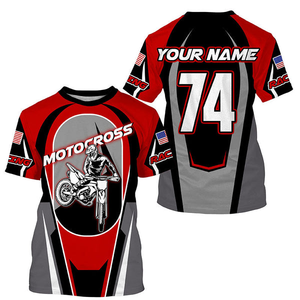 Personalized red Motocross off-road jersey kid adult UPF30+ Biker extreme MX long sleeves shirt PDT250