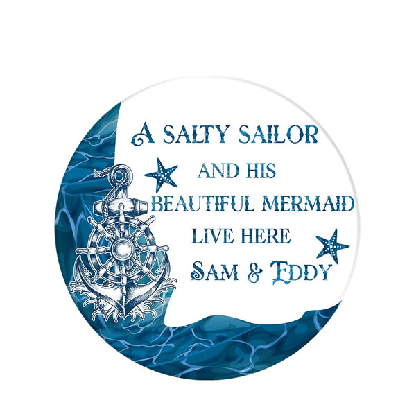 Personalized Sailor Couple Door Hanger| A Salty Sailor and His Beautiful Mermaid Live Here Door Hanger| Welcome Wooden Front Door Hanger| Couple Sign Gift for Sailor| JDH22