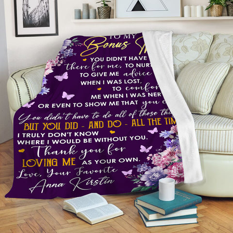 To My Bonus Mom Blanket| Custom Purple Floral Blanket Gift for Adopted Mom Step Mom Stepmother| JB347